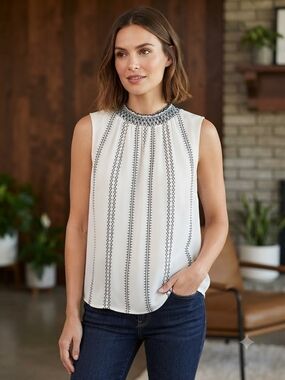 White House Black Market White Sleeveless Smocked Neck Top with Black Embroidery